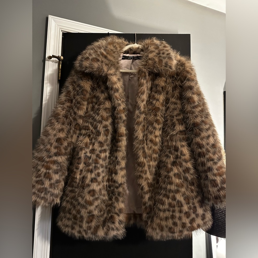 UO Silence + Noise Brown Leopard Print Faux Fur Coat